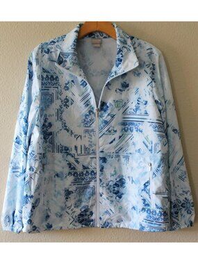 Chicos Womens Blue White Paisley Long Sleeve Full Zip Jacket Windbreaker 12/14